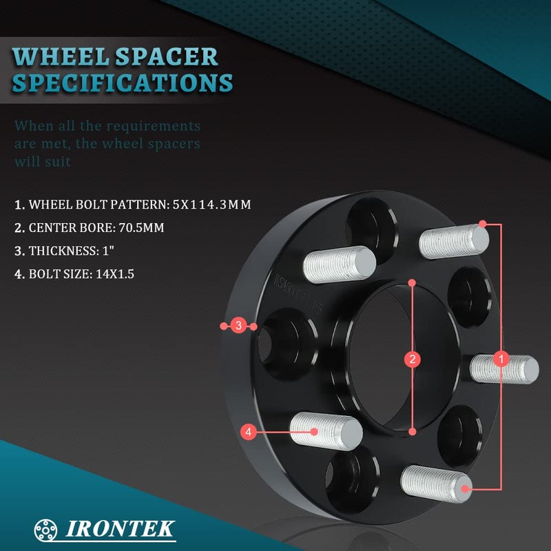 IRONTEK 1in 5x114.3mm Wheel Spacers Adapter (25mm, 70.5mm Hub Bore, 14x1.5 Studs) 5x4.5 Hubcentric Spacers Compatible for 2015-2021 Ford Mustang Black 2PCS - Image 3